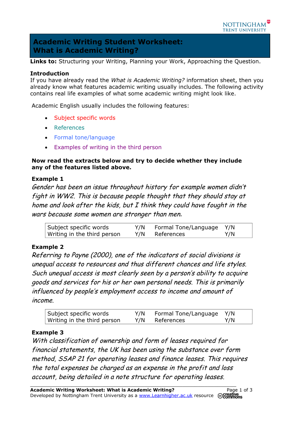 Academic Writing Student Information Sheet: Commas