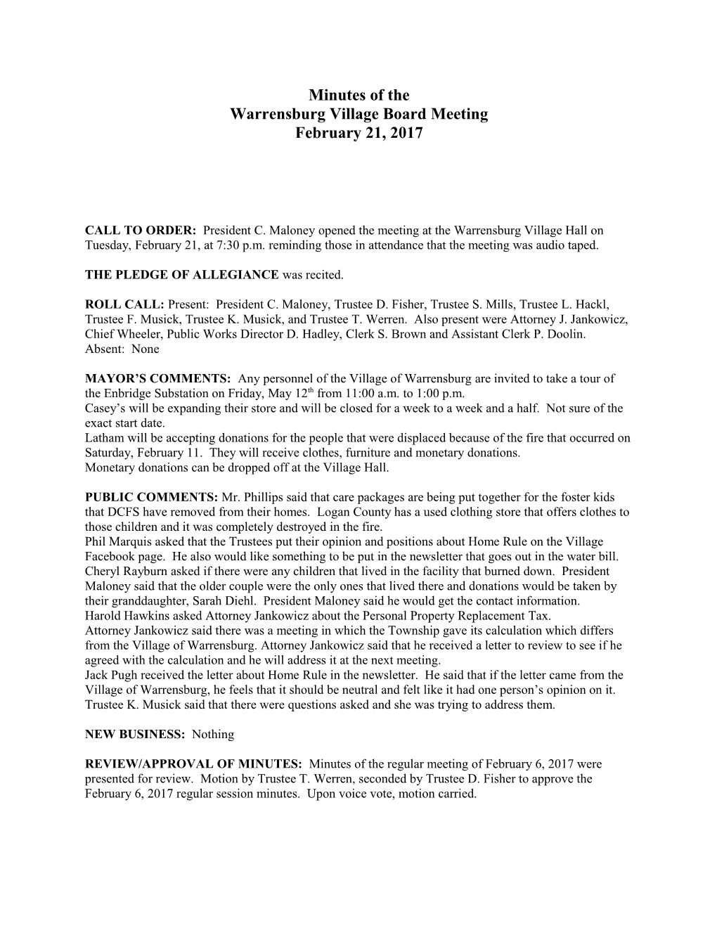 Warrensburg Village Board Meeting