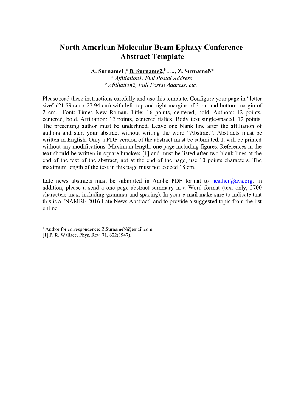 North American Molecular Beam Epitaxy Conference Abstract Template