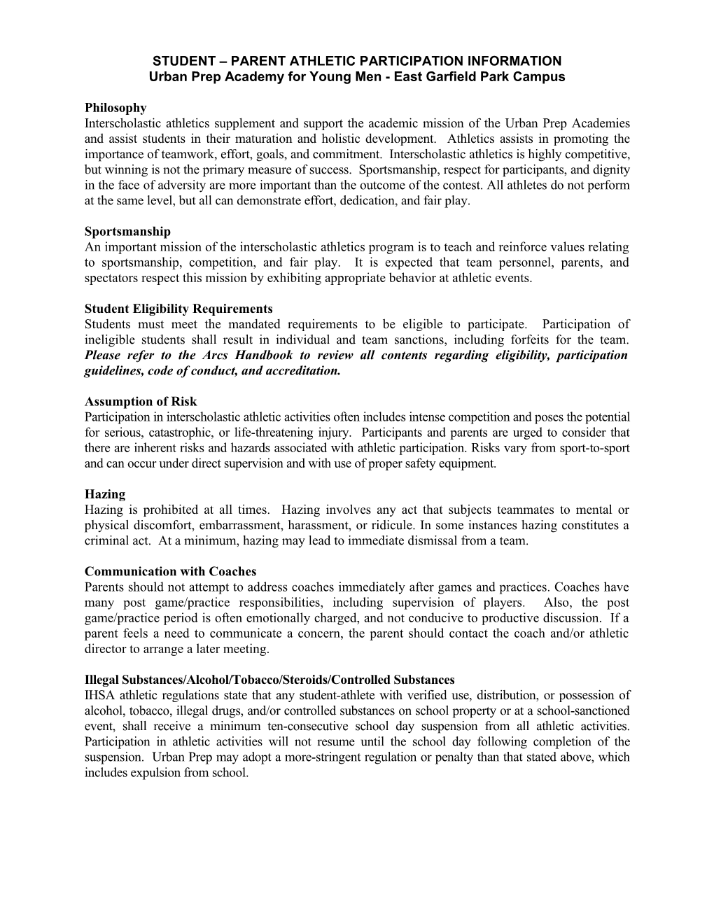 Sample Student- Parent Athletic Participation Contract