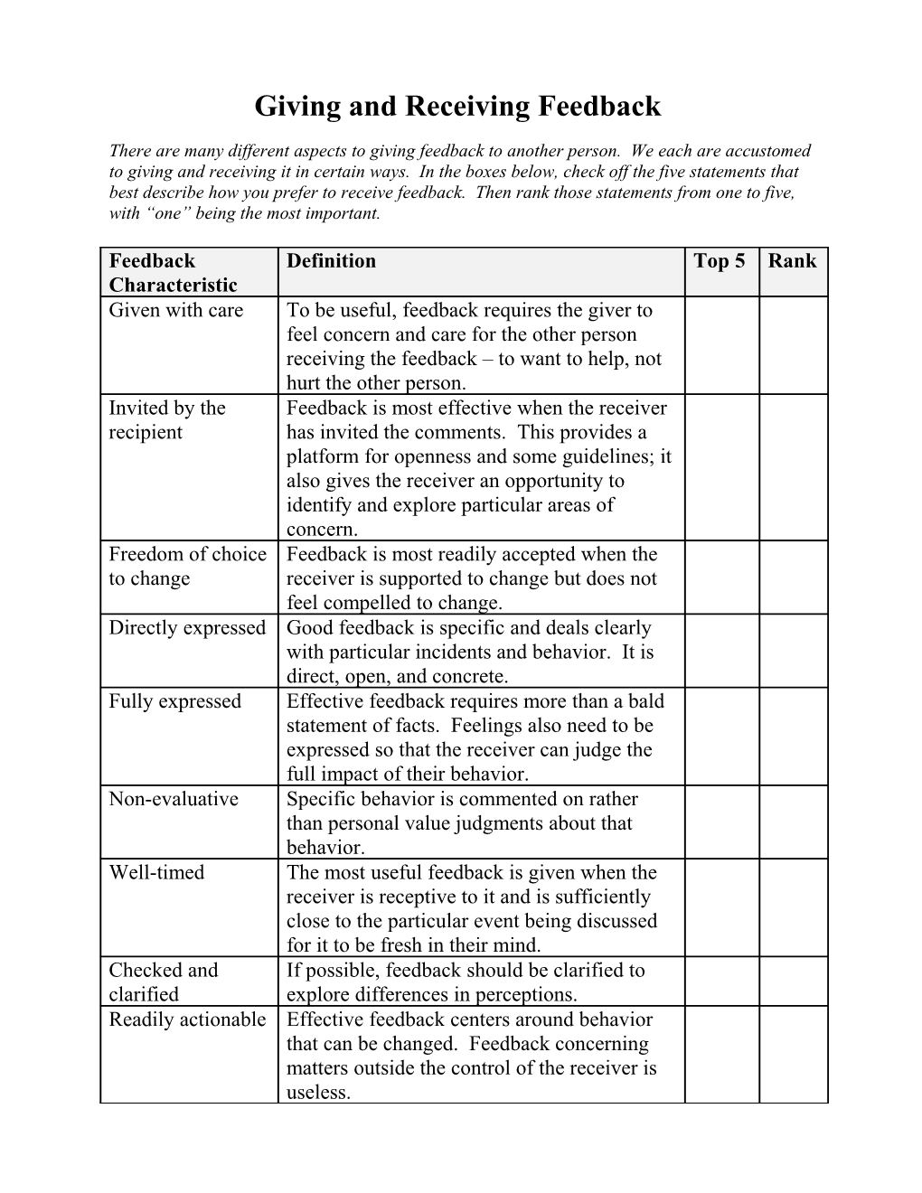 Giving and Receiving Feedback