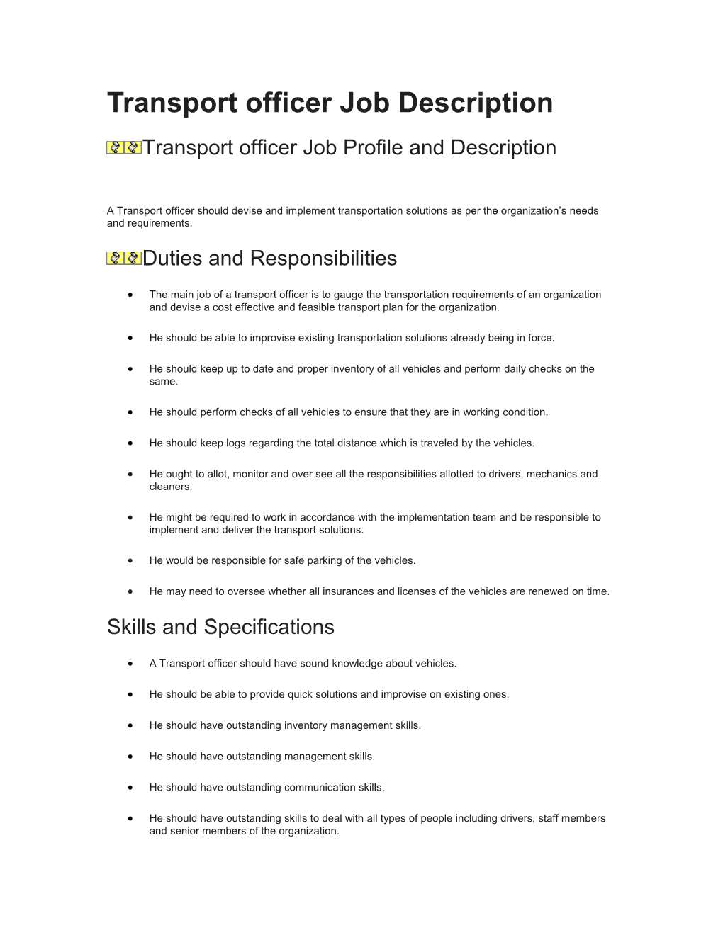 Transport Officer Job Description
