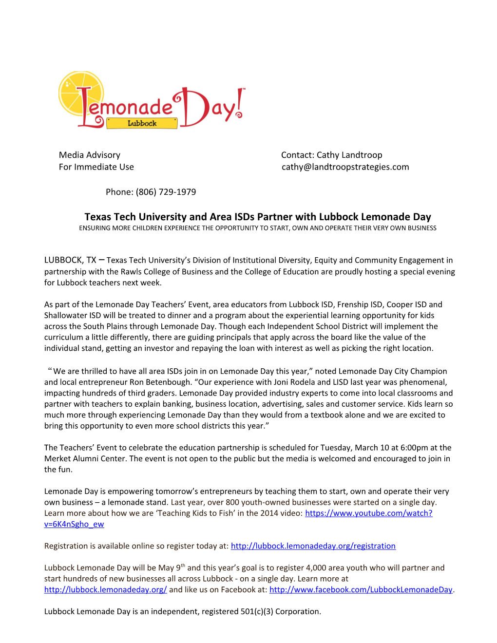 Texas Tech University and Area Isds Partner with Lubbock Lemonade Day