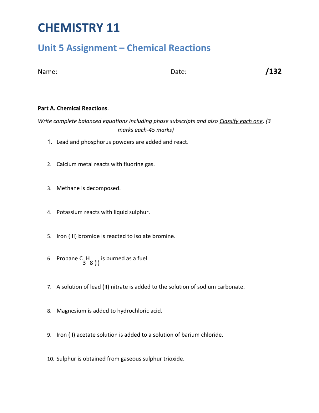 Unit 5 Assignment Chemical Reactions