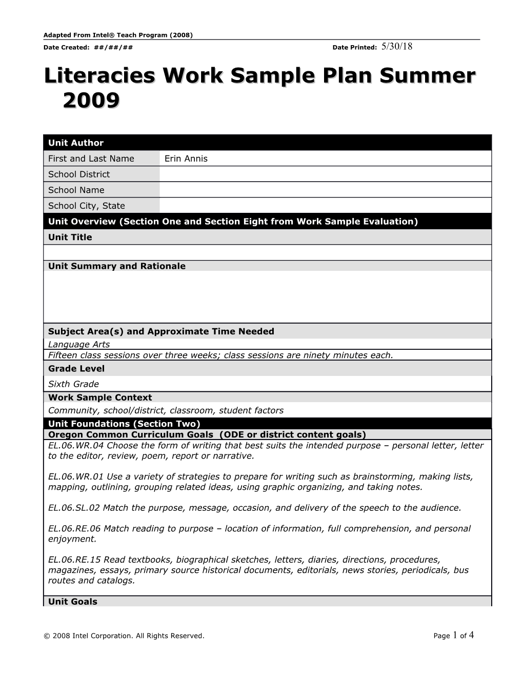 Literacies Work Sample Plan Summer 2009