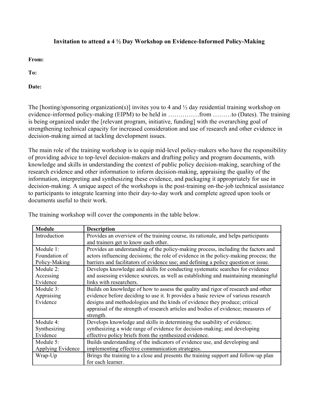 Invitation to Attend a 4 Day Workshop on Evidence-Informed Policy-Making