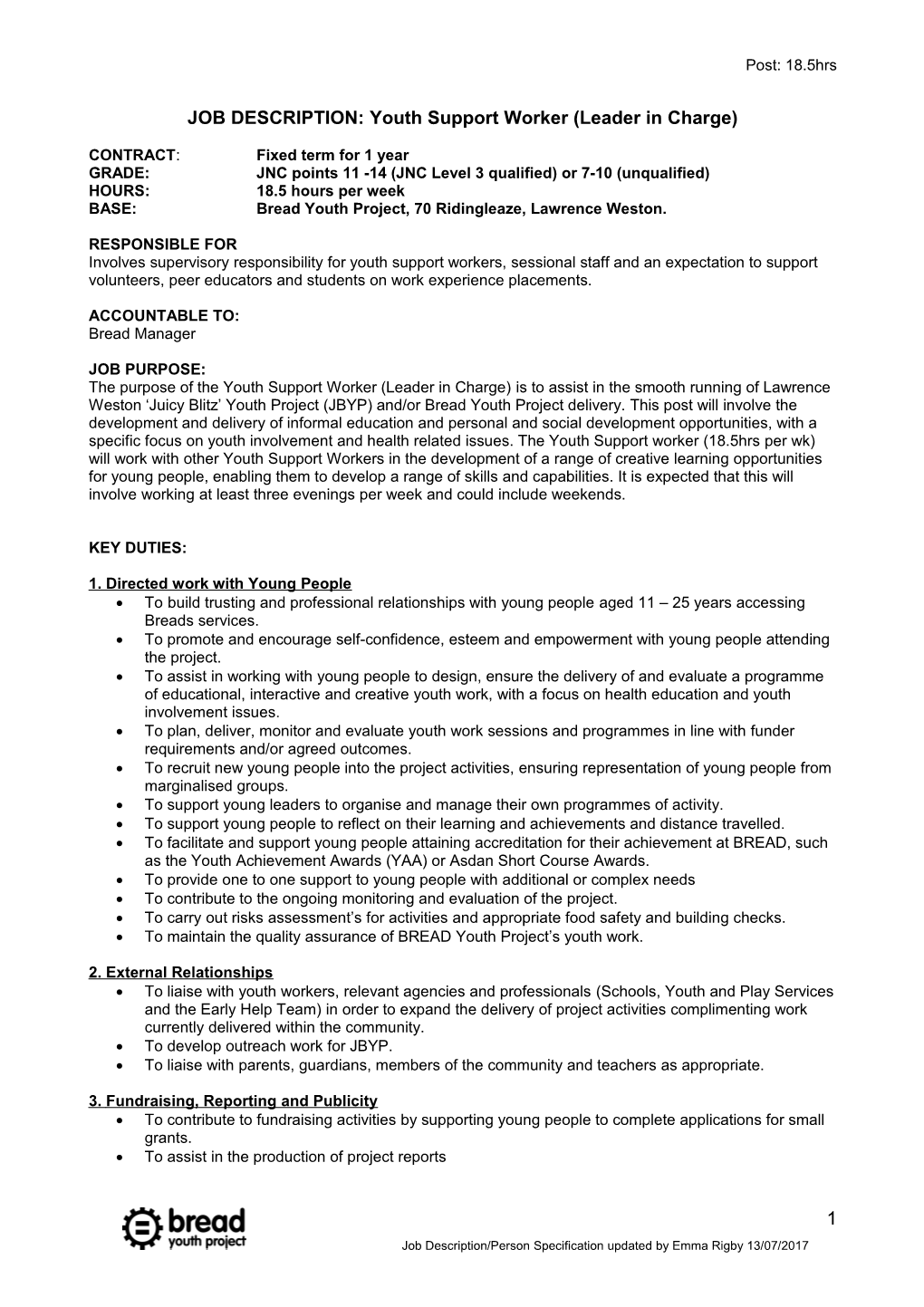 JOB DESCRIPTION: Youth Support Worker (Leader in Charge)