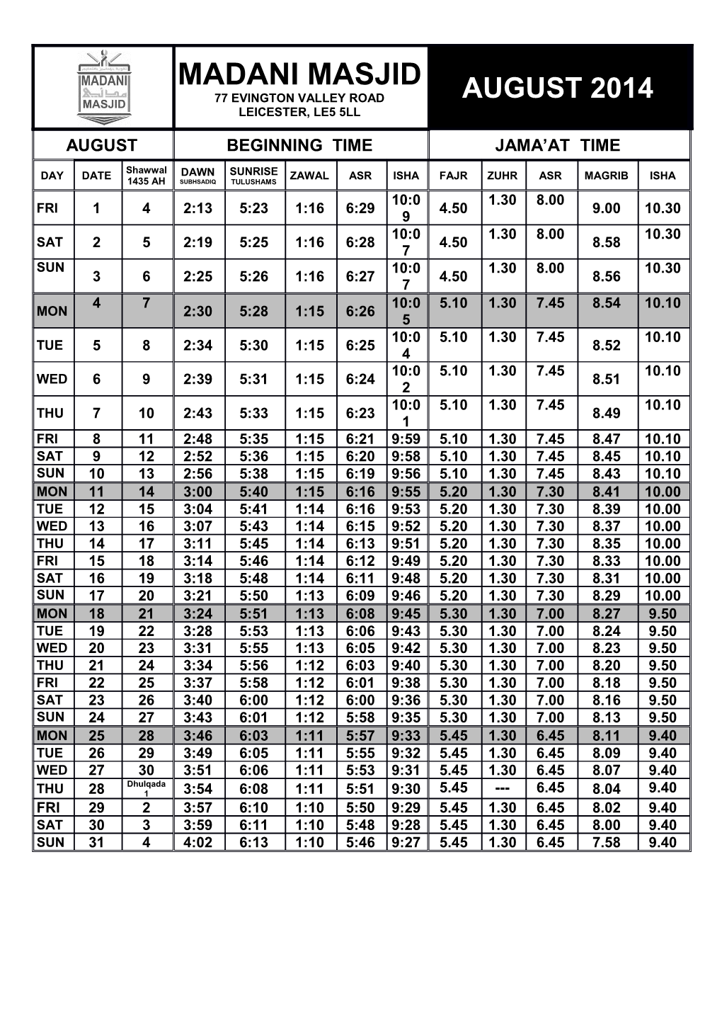 Madani Masjid August 2014 Timetable