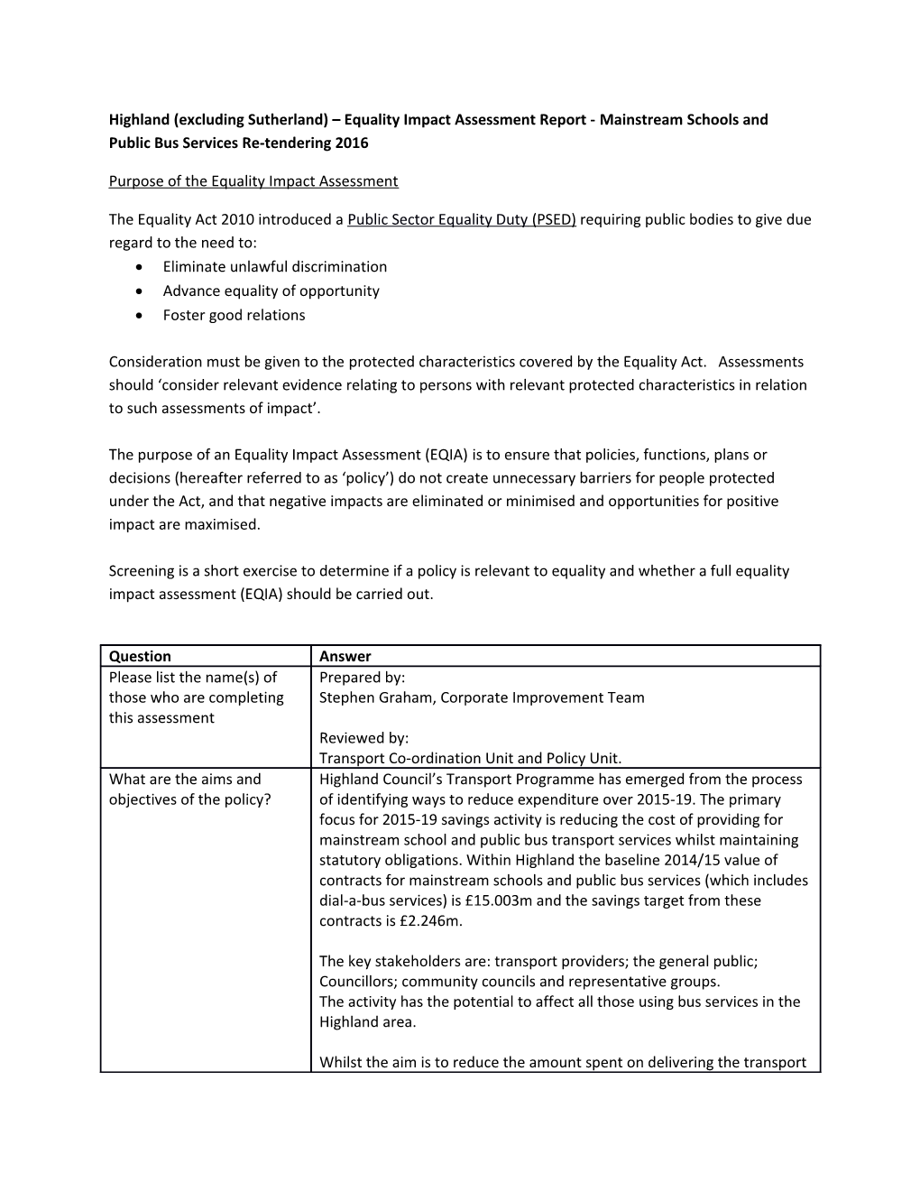 Purpose of the Equality Impact Assessment