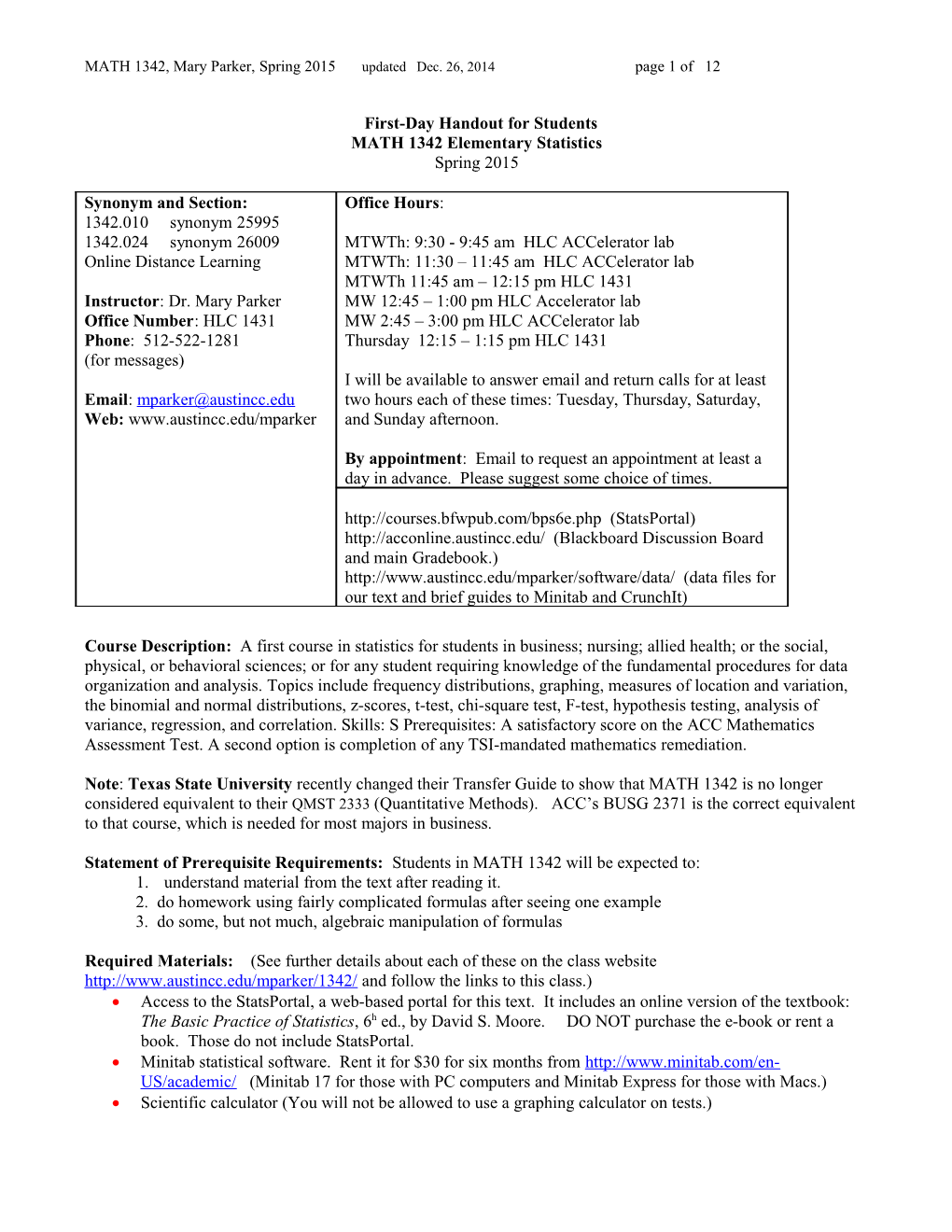 MATH 1342, Mary Parker, Spring 2015 Updated Dec. 26, 2014 Page 11 of 12