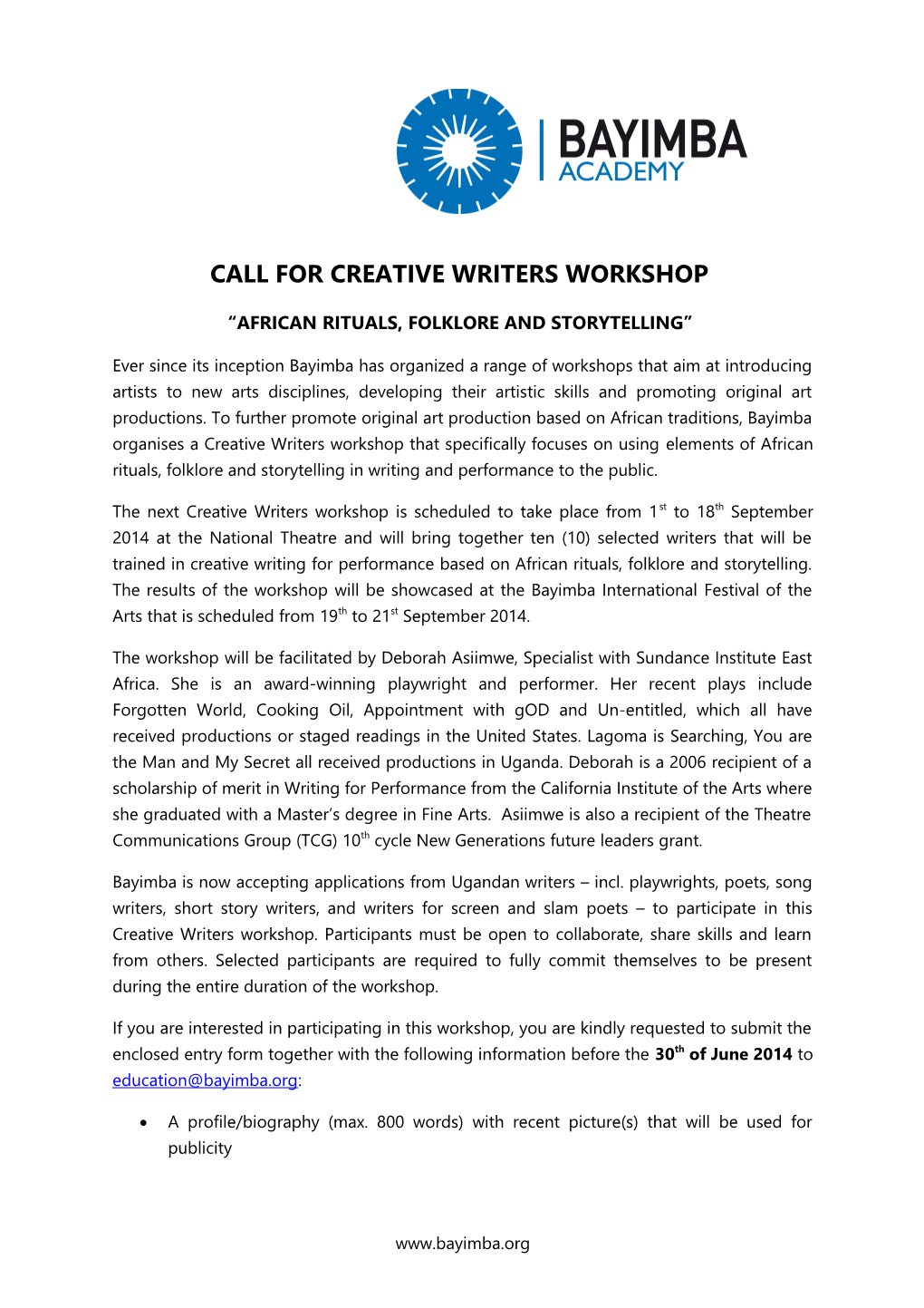 Call for Creative Writers Workshop