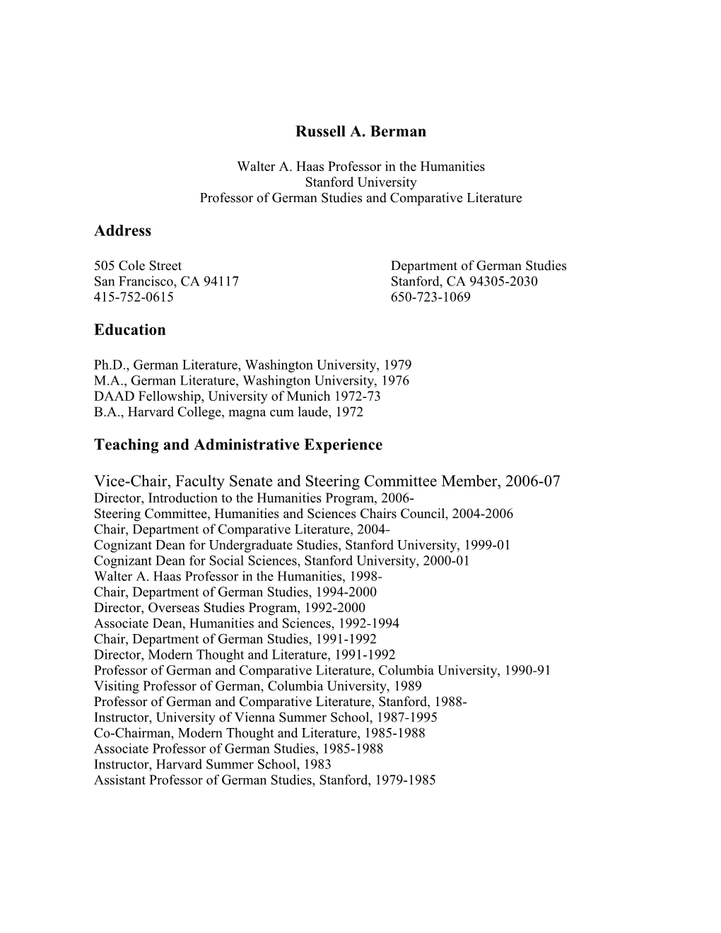 Russell A. Berman Curriculum Vitae, Page 1