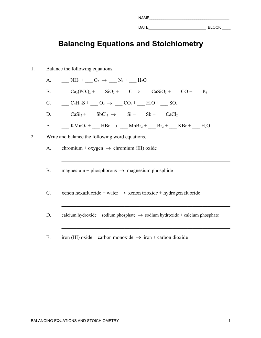 Balancing Equations and Stoichiometry