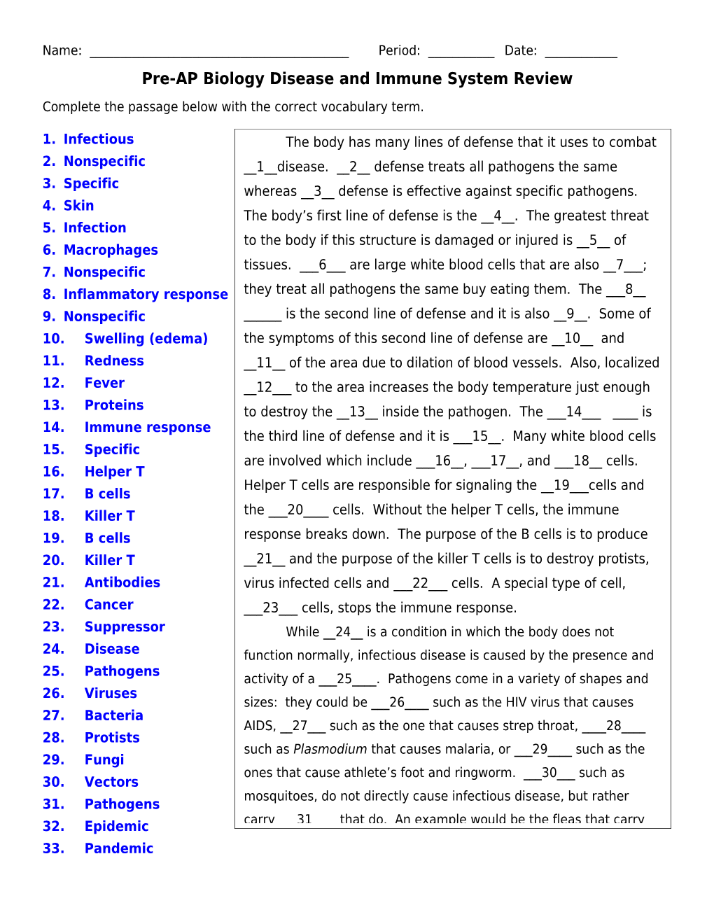 Honors Immune, Lymphatic, Reproductive, and Disease Test Review