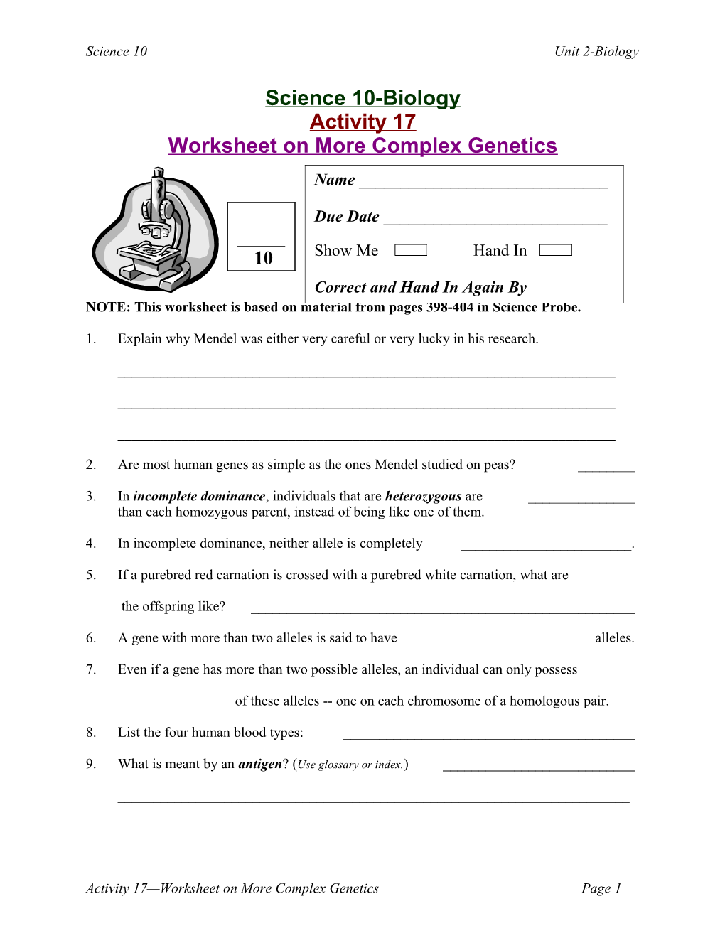 Worksheet on More Complex Genetics