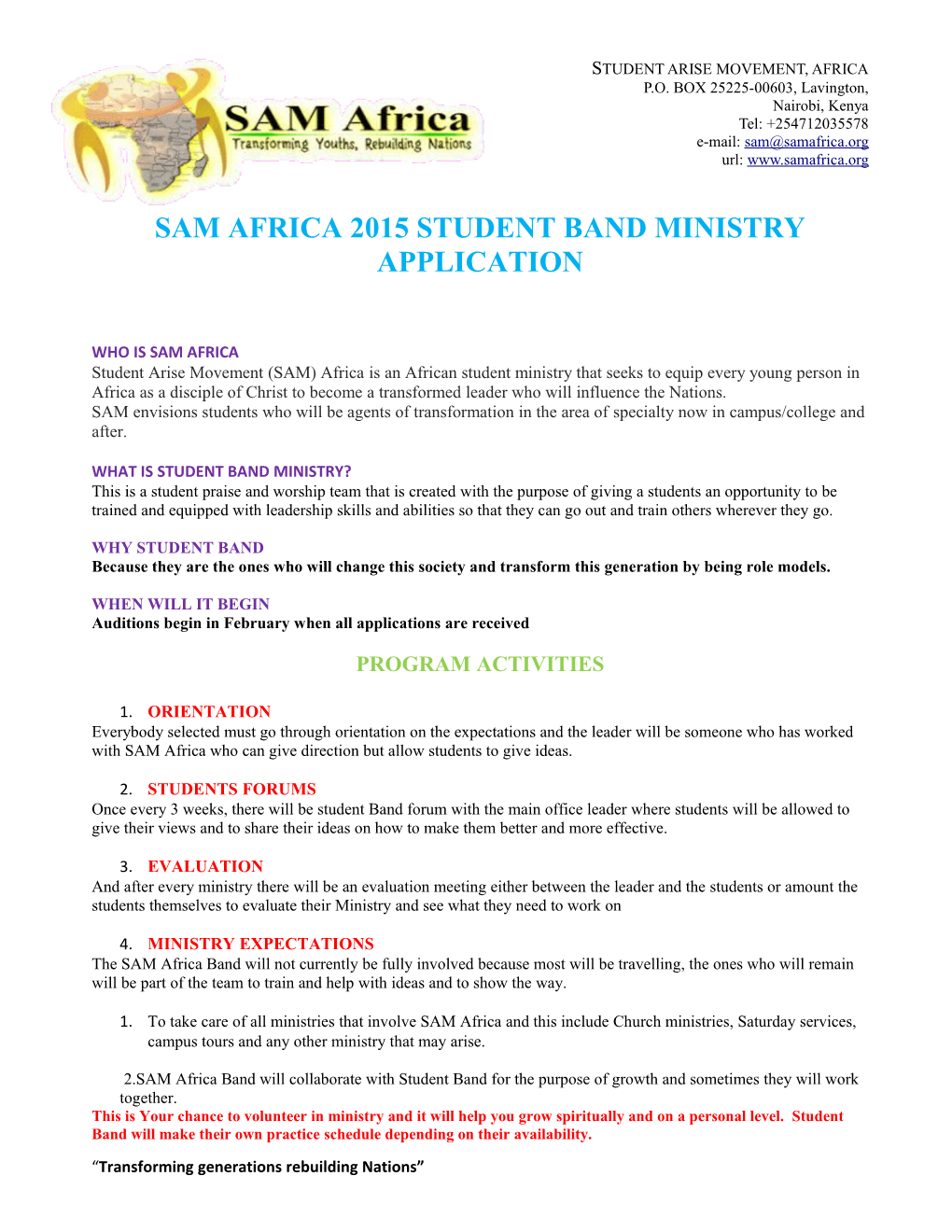 Sam Africa 2015 Student Band Ministry Application