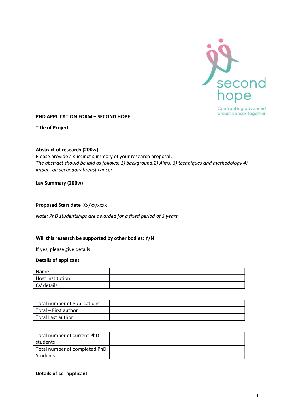 Phd Application Form Second Hope