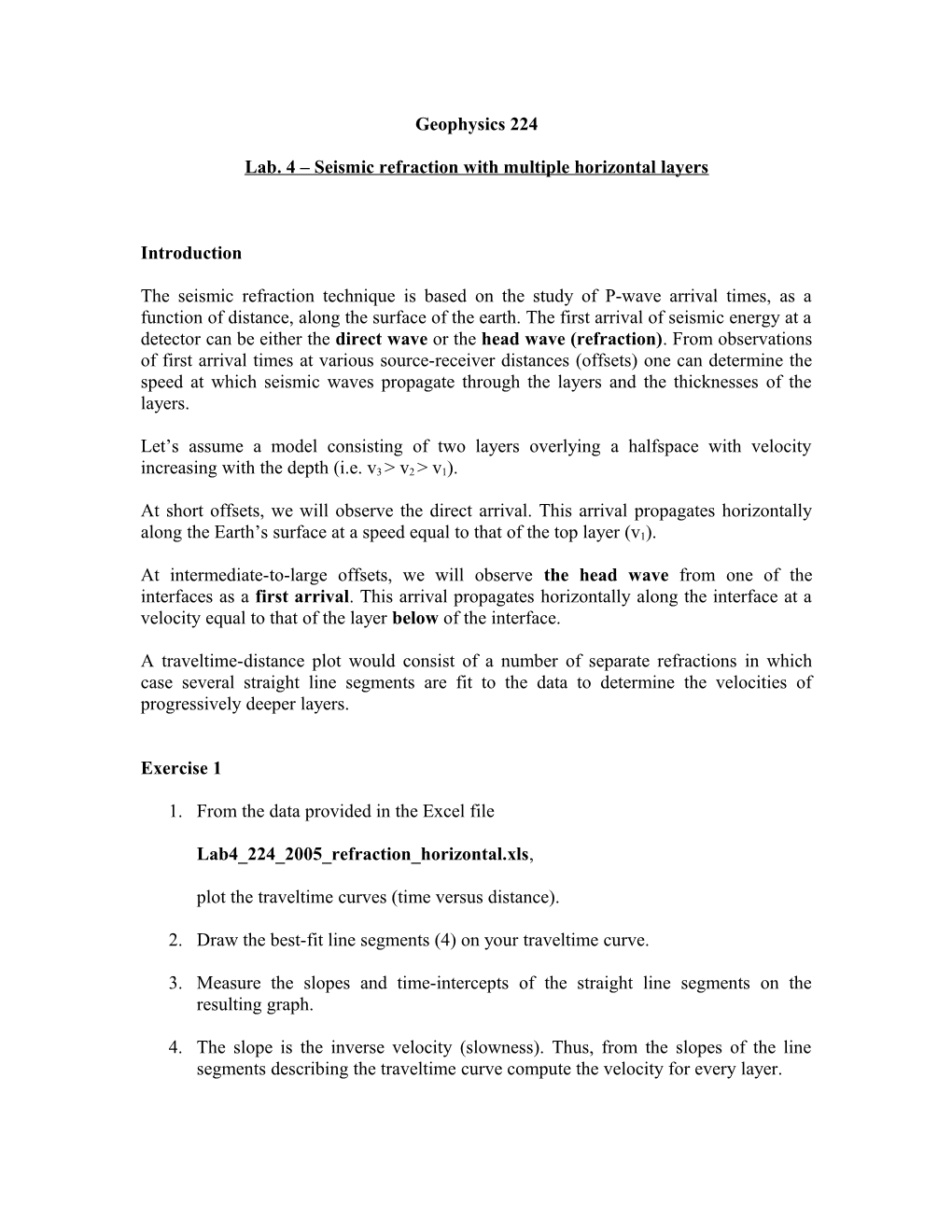 Lab. 4 Seismic Refraction with Multiple Horizontal Layers