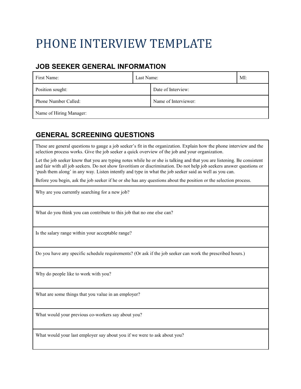 Phone Interview Template