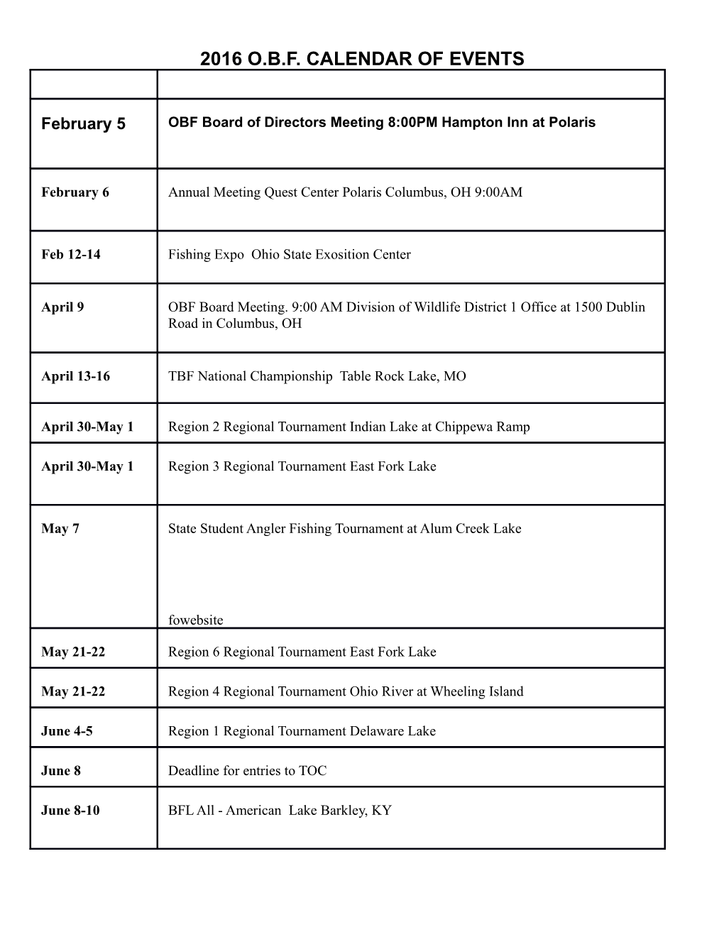 2016 O.B.F. Calendar of Events