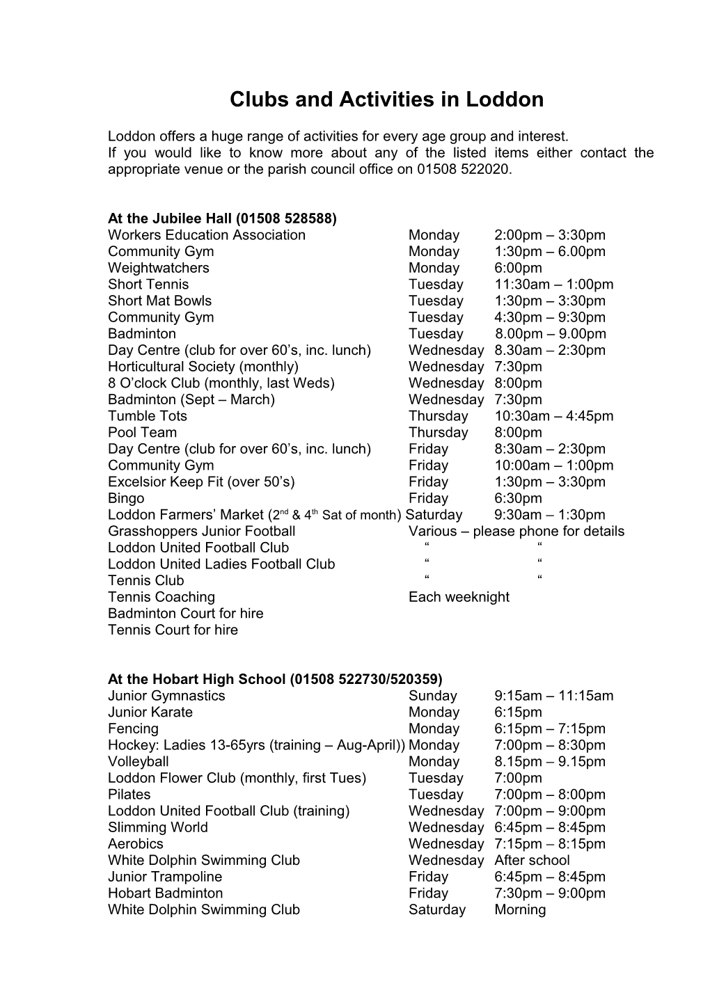 Clubs and Activities in Loddon Spring 2011