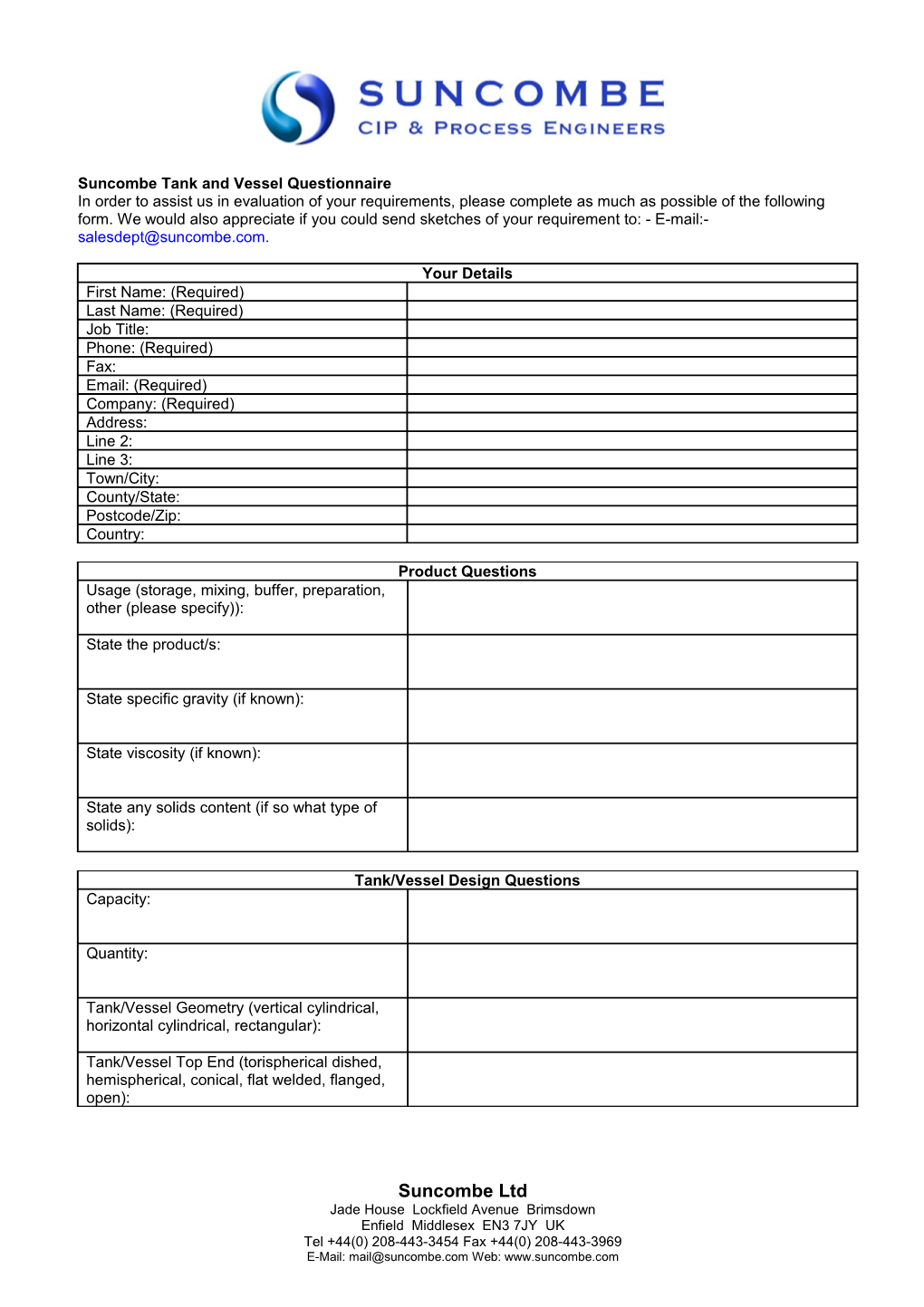 Suncombe Tank and Vessel Questionnaire