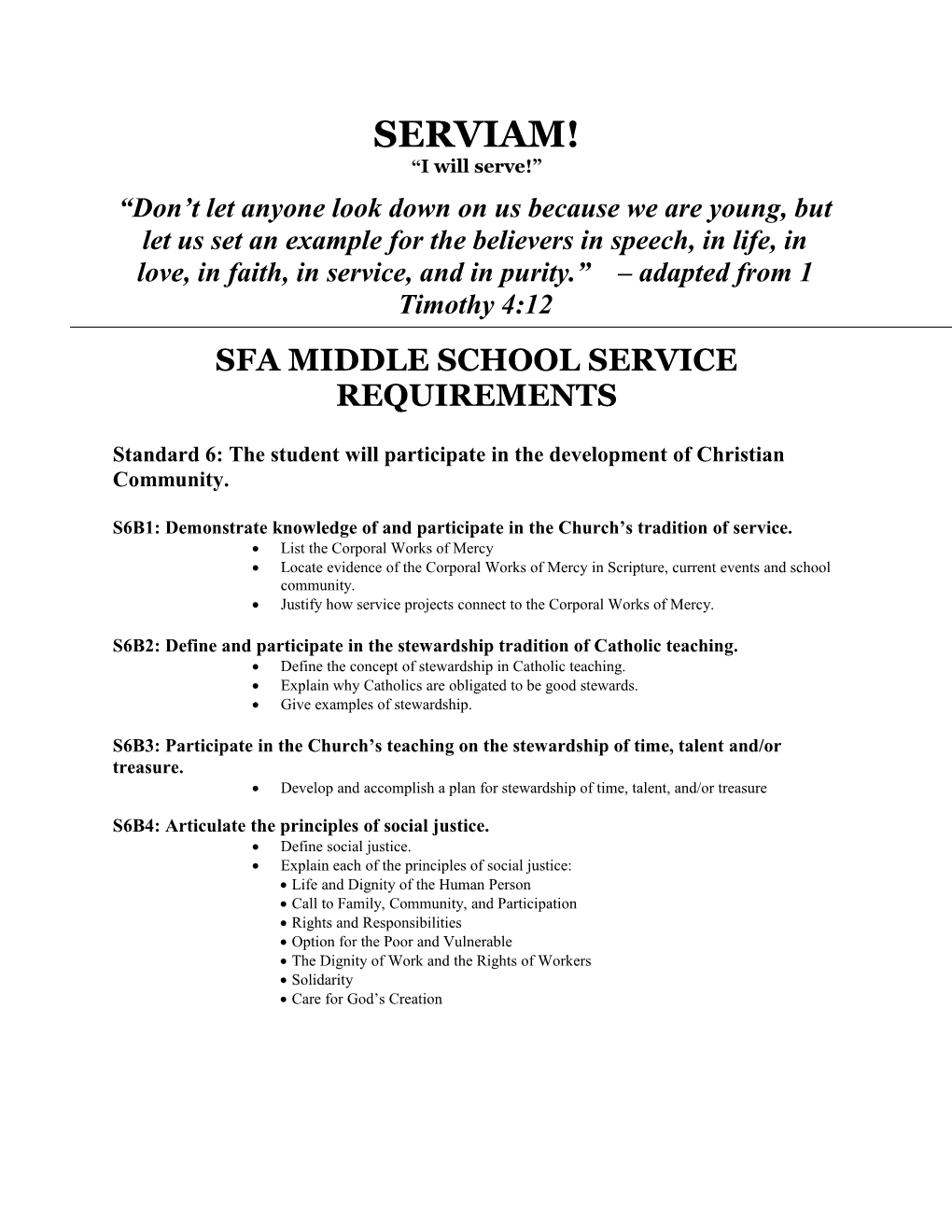 Sfa Middle School Service Requirements