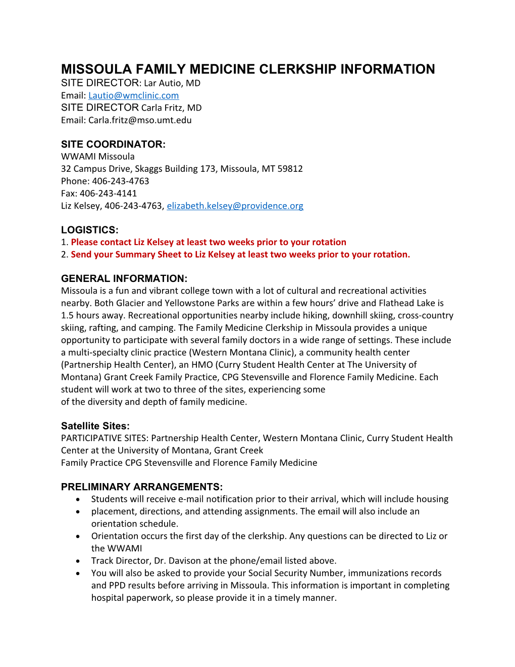 Missoula Family Medicine Clerkship Information