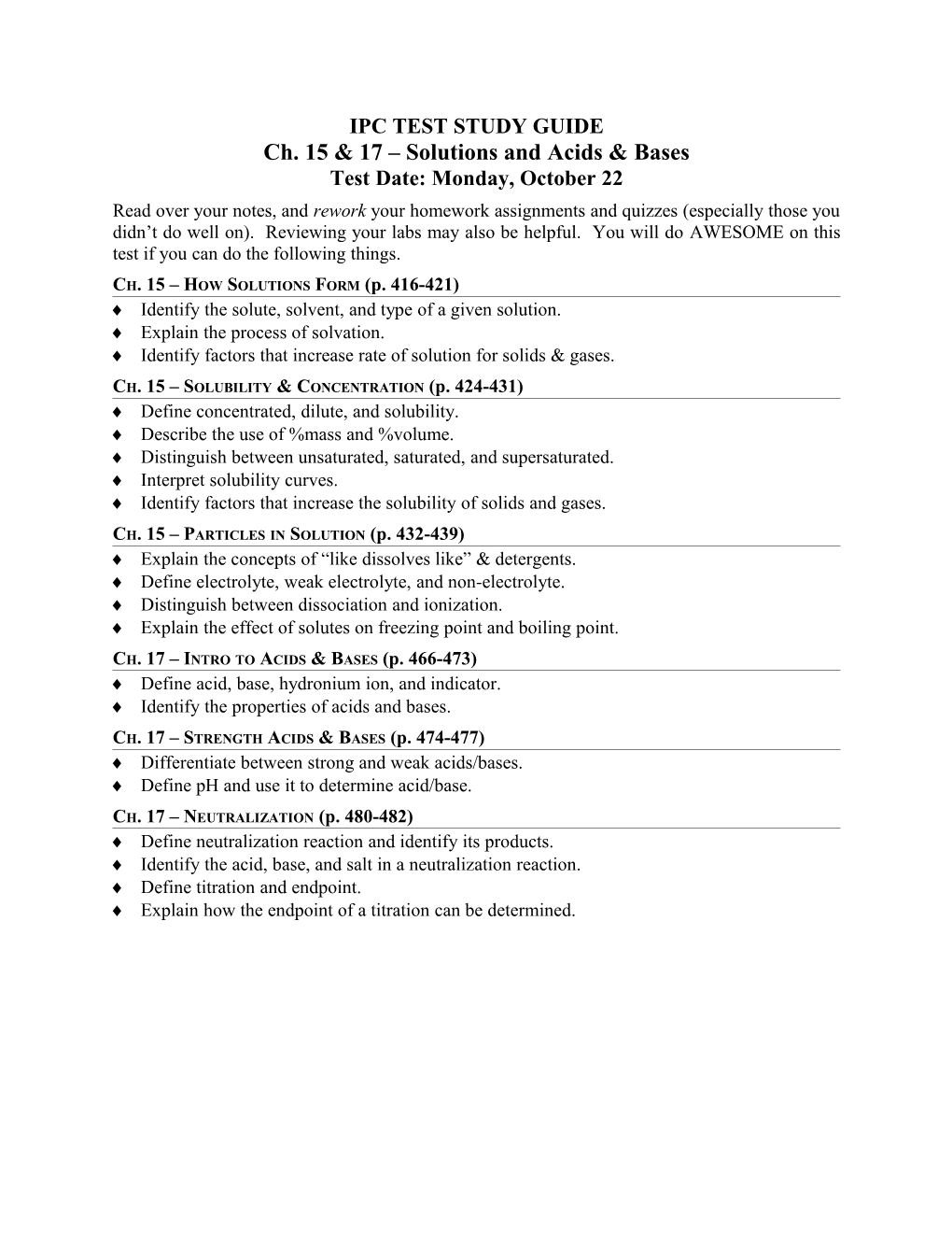 Chemistry Test Review Sheet Chapters 10 & 11