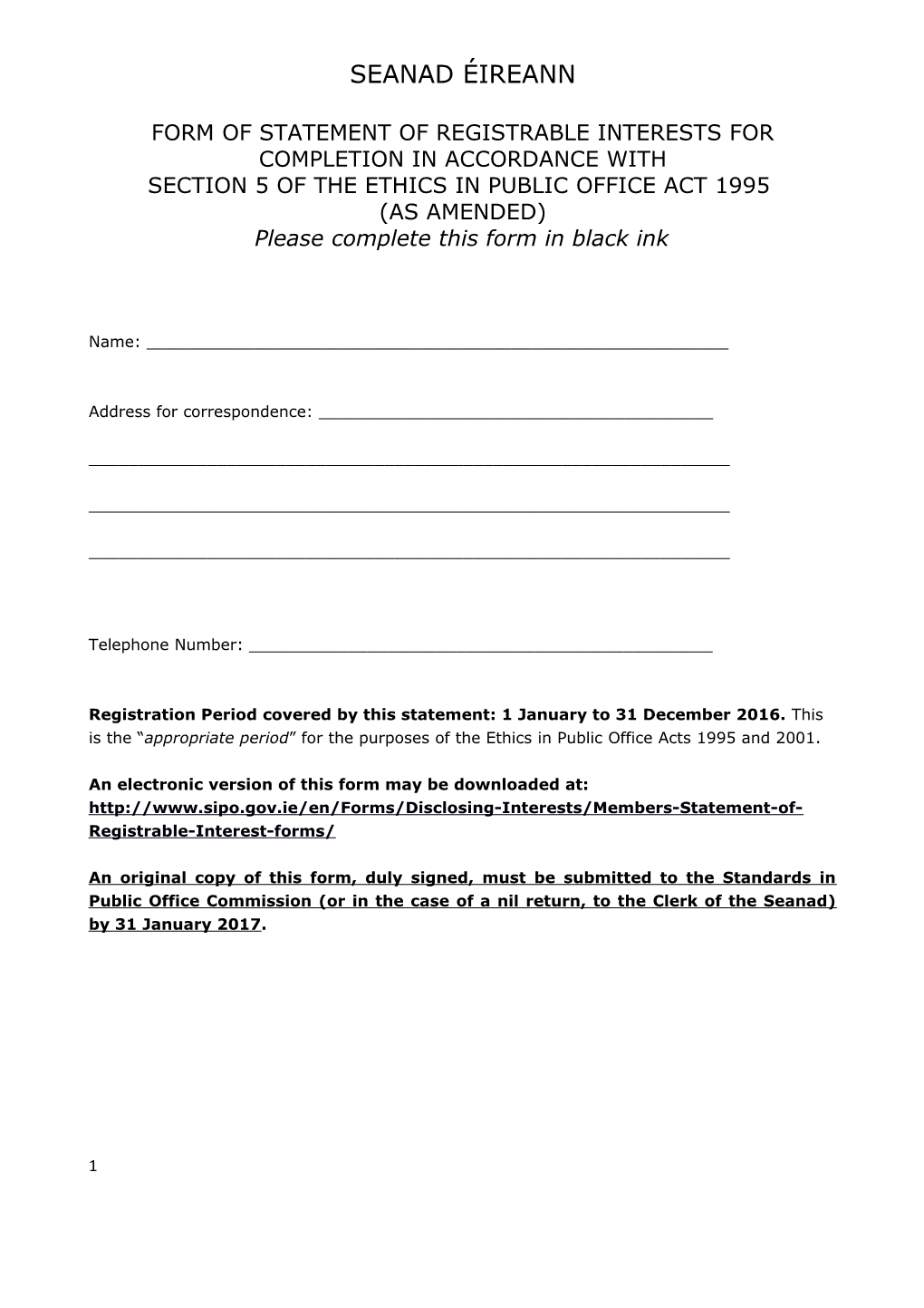 Form of Statement of Registrable Interests for Completion in Accordance With