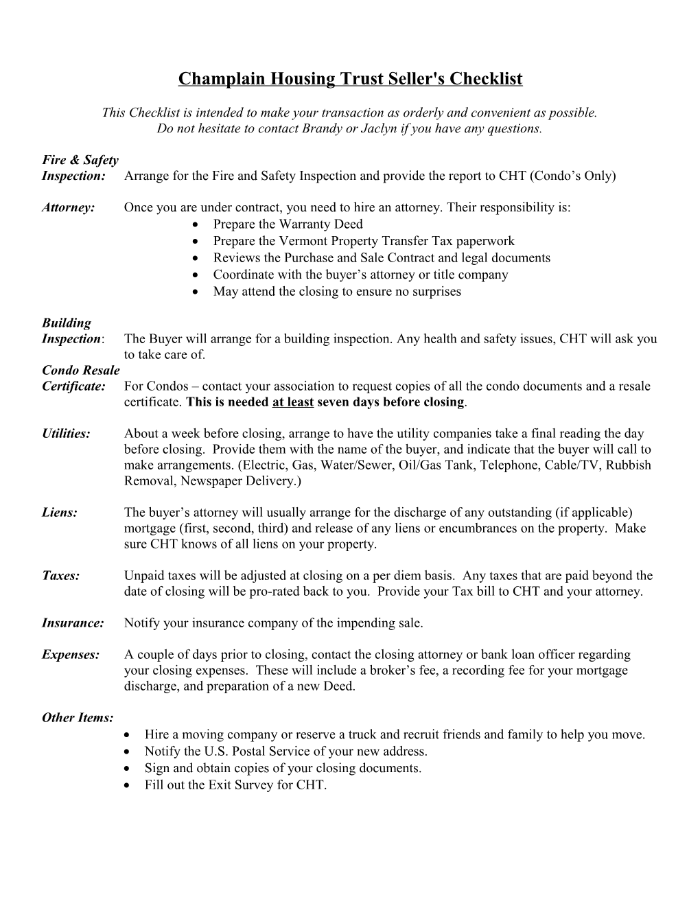 Champlain Housing Trust Buyer's Checklist