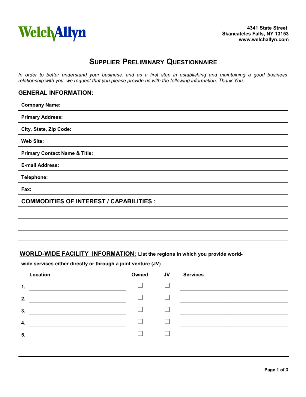 Supplier Questionnaire Form