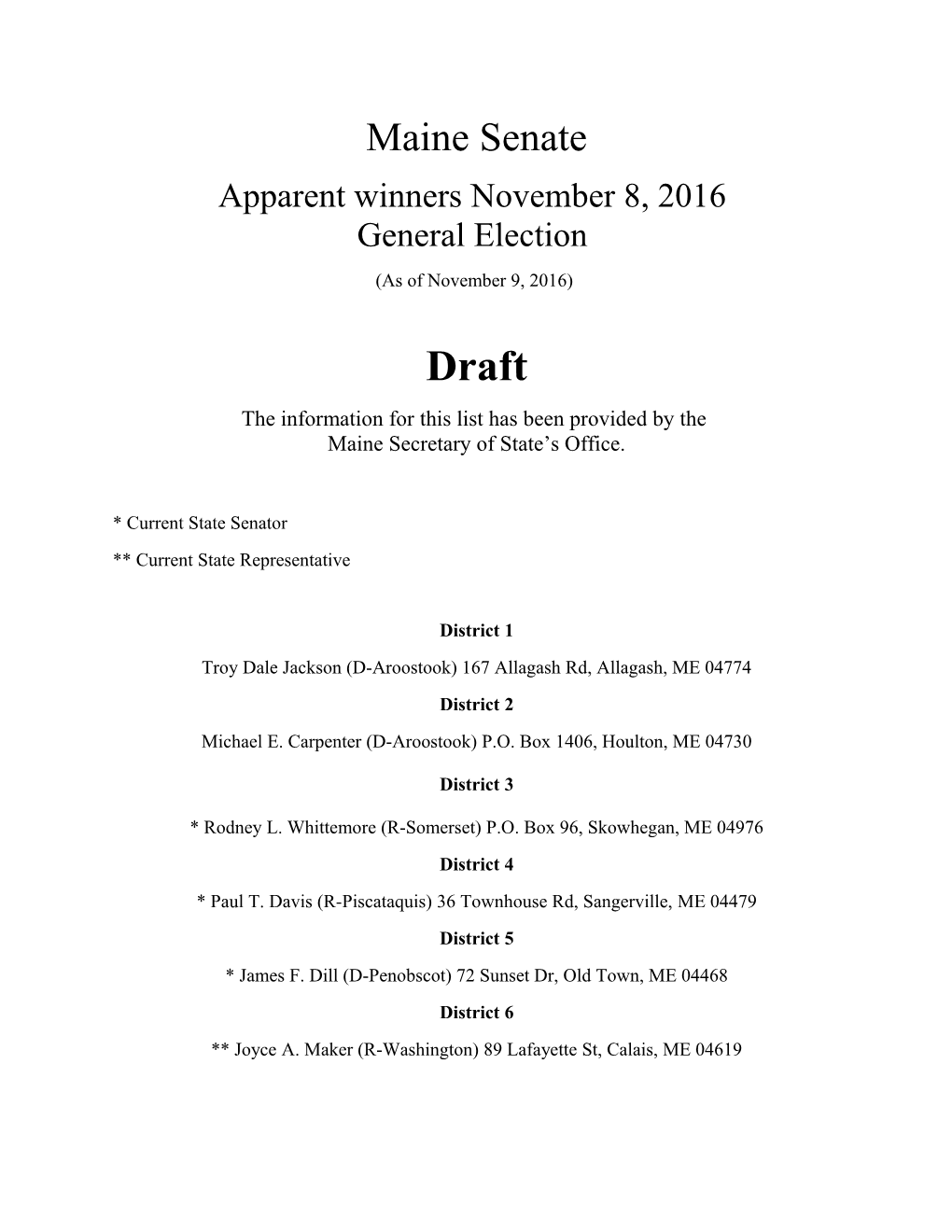 Apparent Winners November 8, 2016 General Election