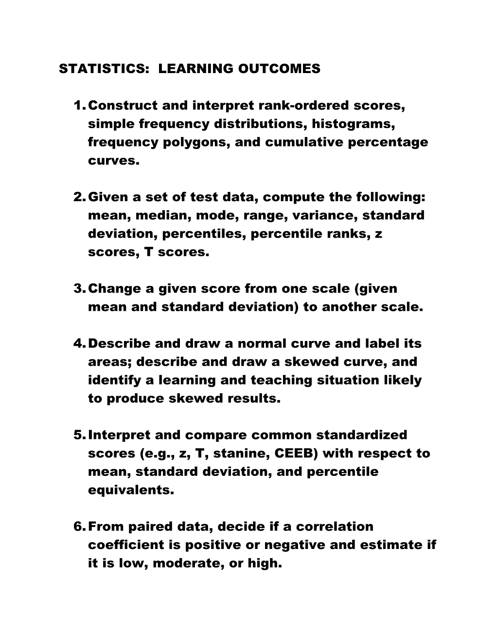 Statistics: Learning Outcomes