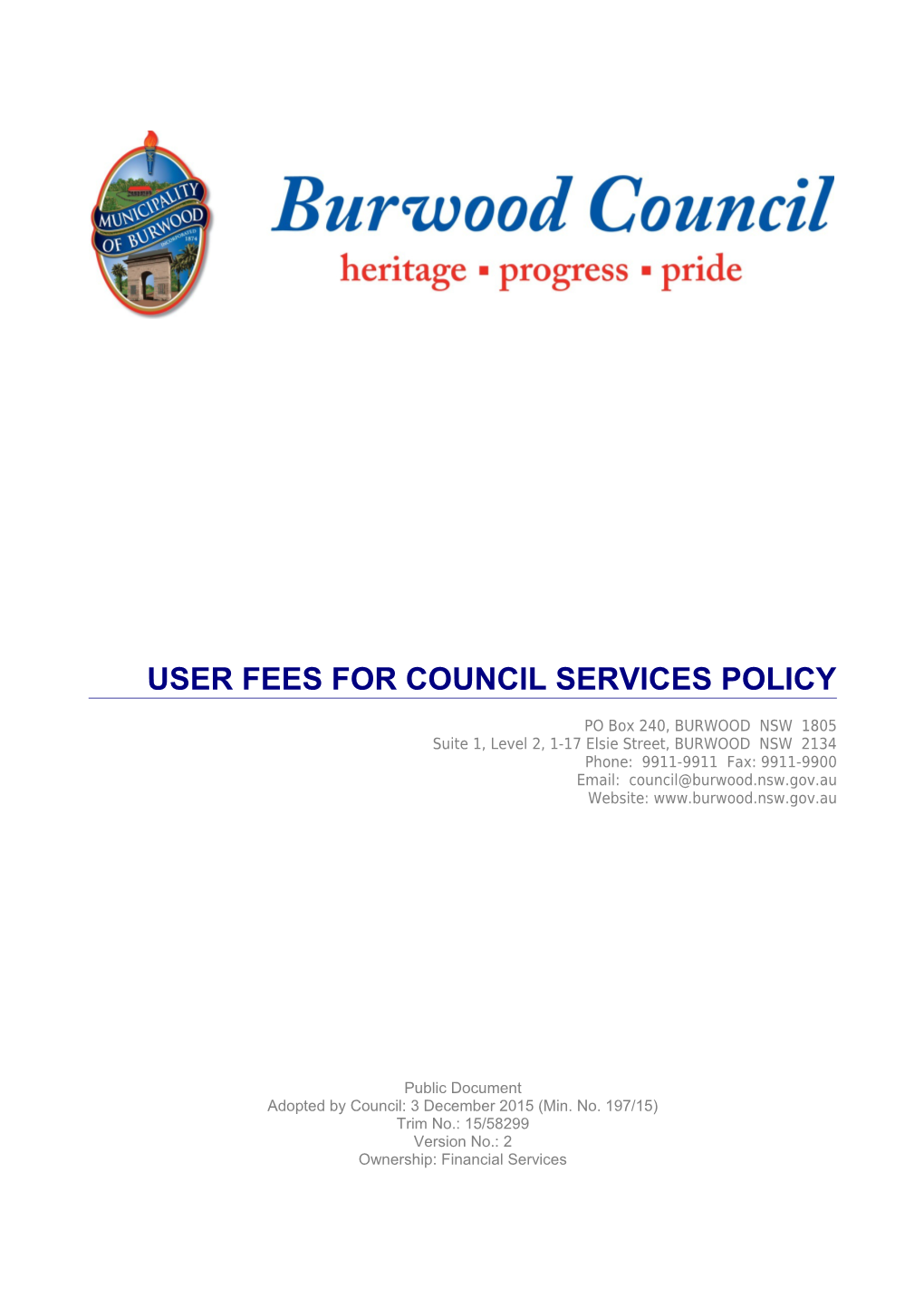 User Fees for Council Services Policy