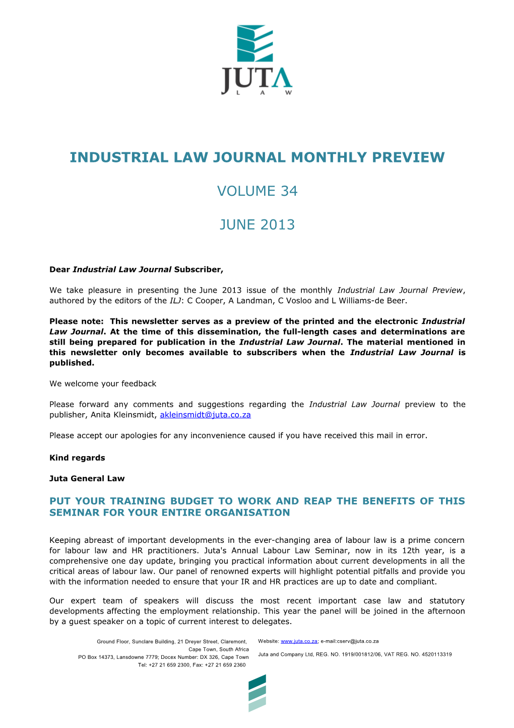 Industrial Law Journal Monthly Preview