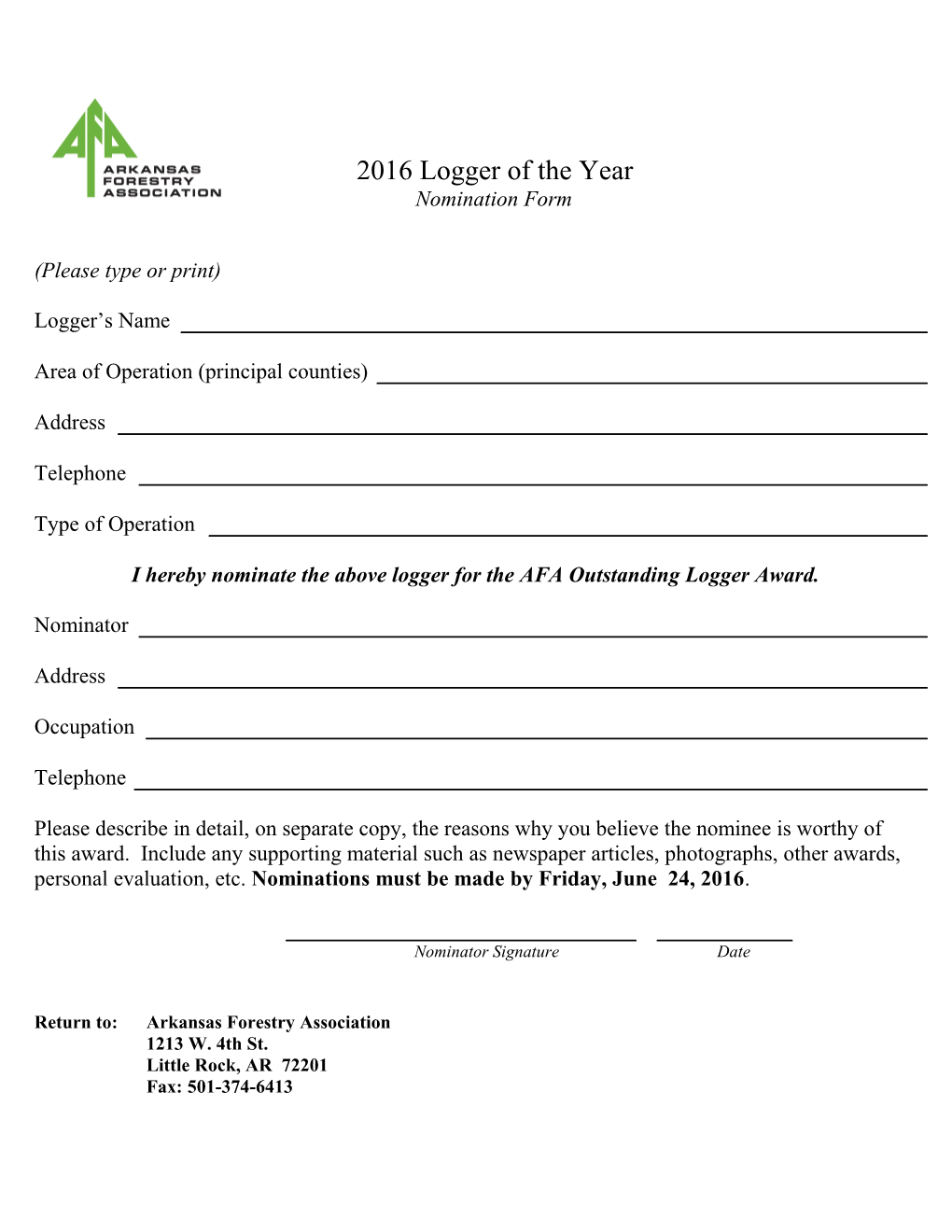 2016 Logger of the Year Nomination Form