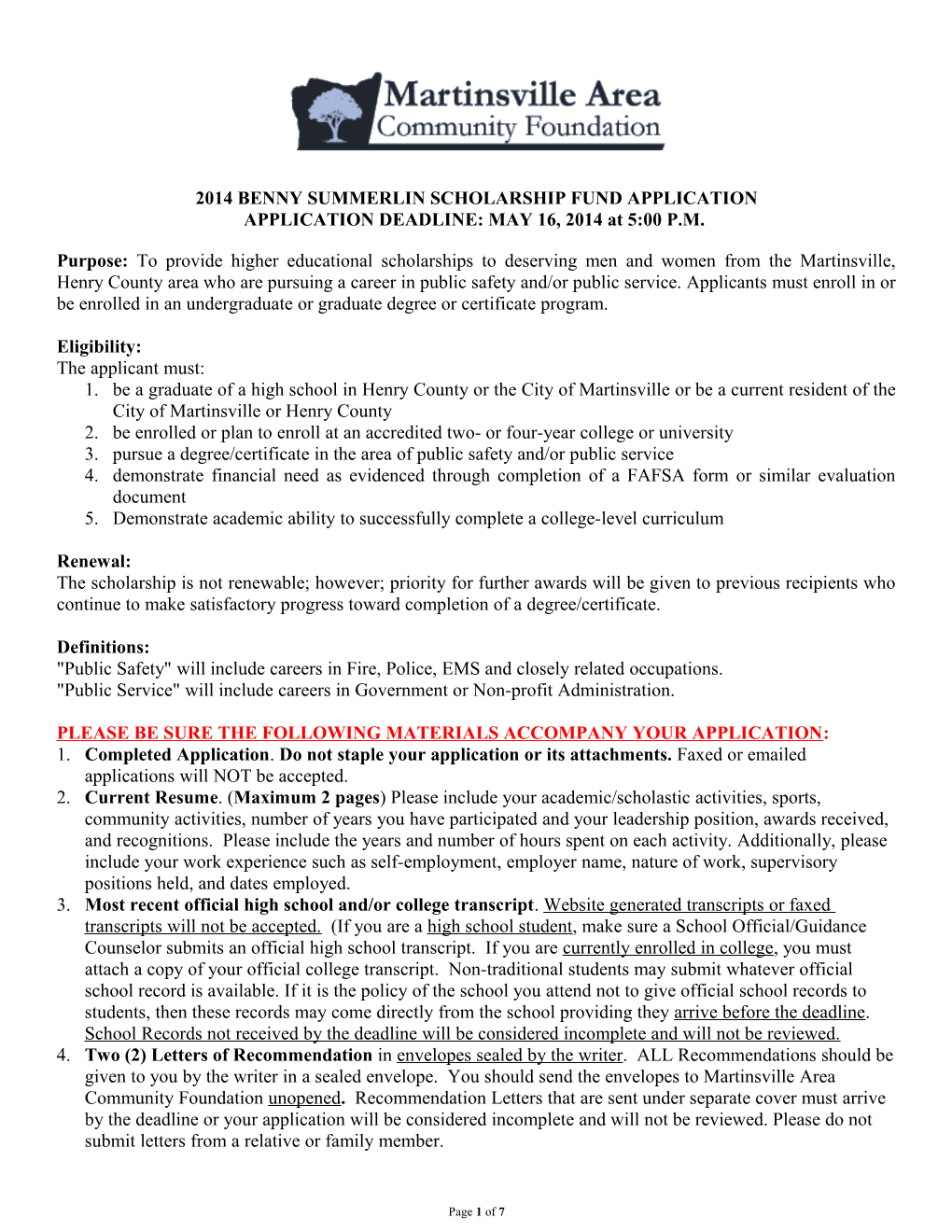 2014 Benny Summerlin Scholarship Fund Application