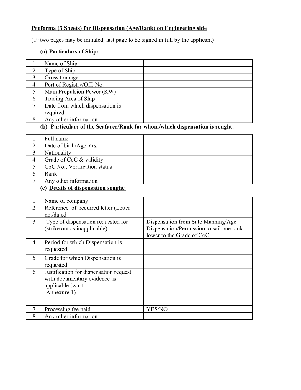 Proforma (3 Sheets) for Dispensation (Age/Rank) on Engineering Side