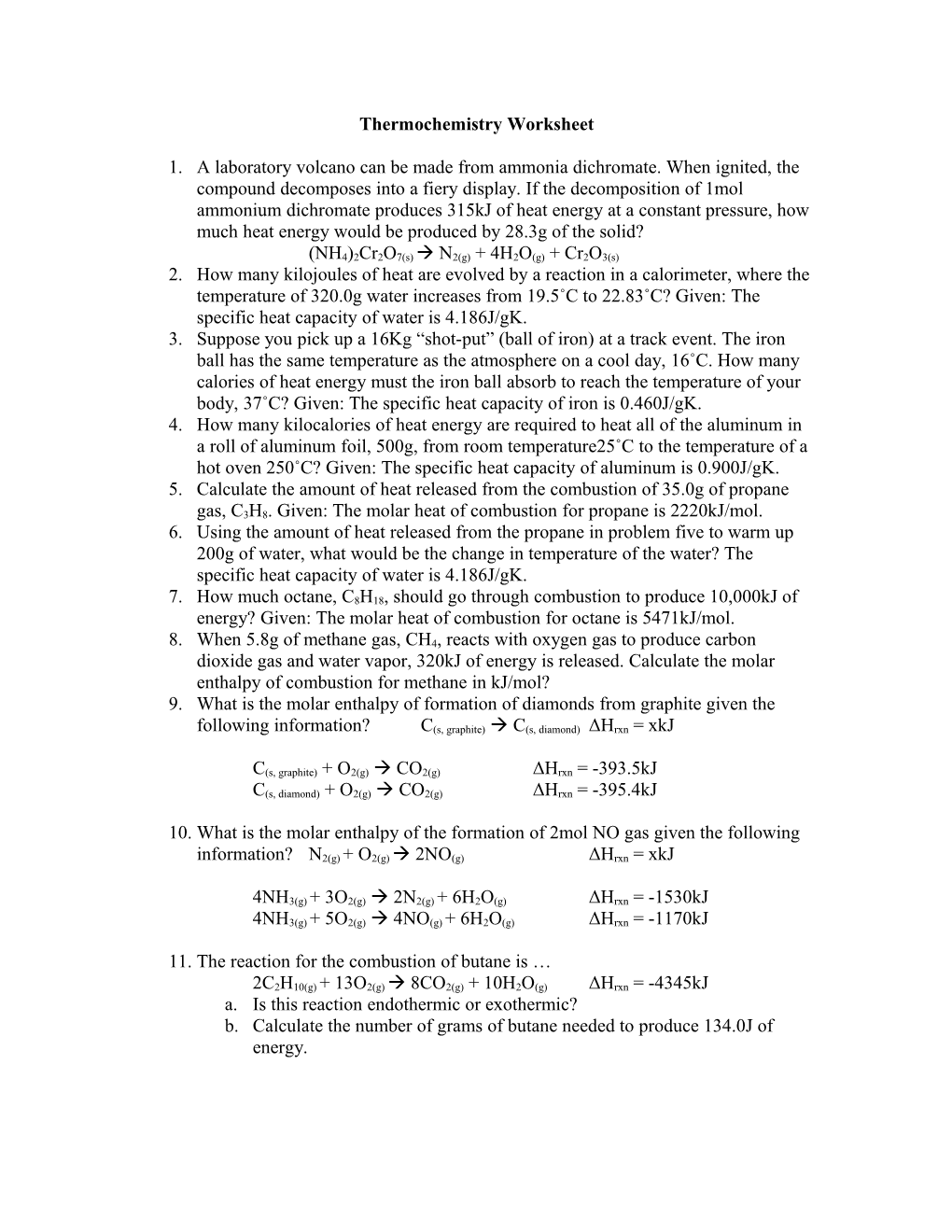 Thermochemistry Worksheet