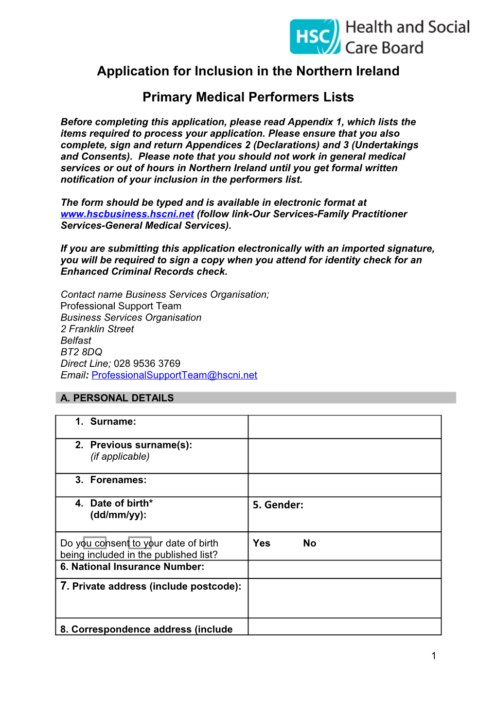 Application for Inclusion in the Northern Ireland