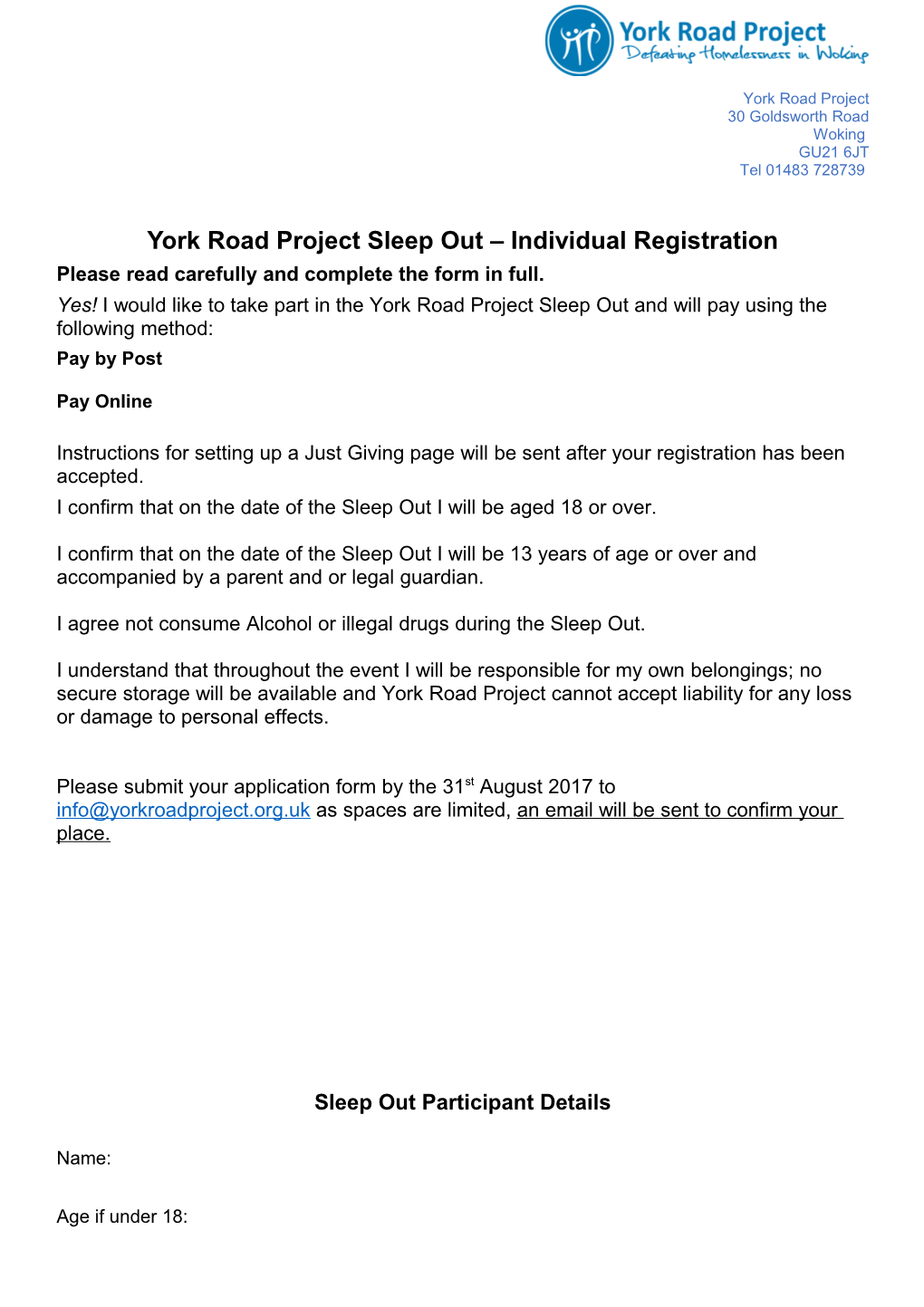 York Road Project Sleep out Individual Registration