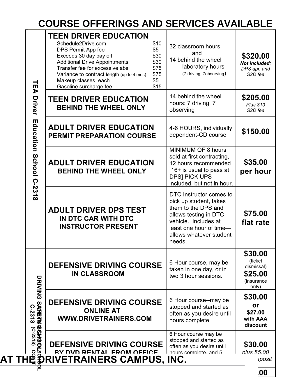 Course Offerings and Services Available