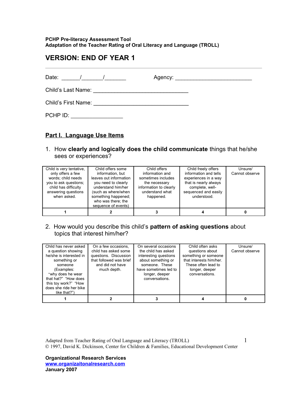 PCHP Pre-Literacy Assessment Tool - DRAFT