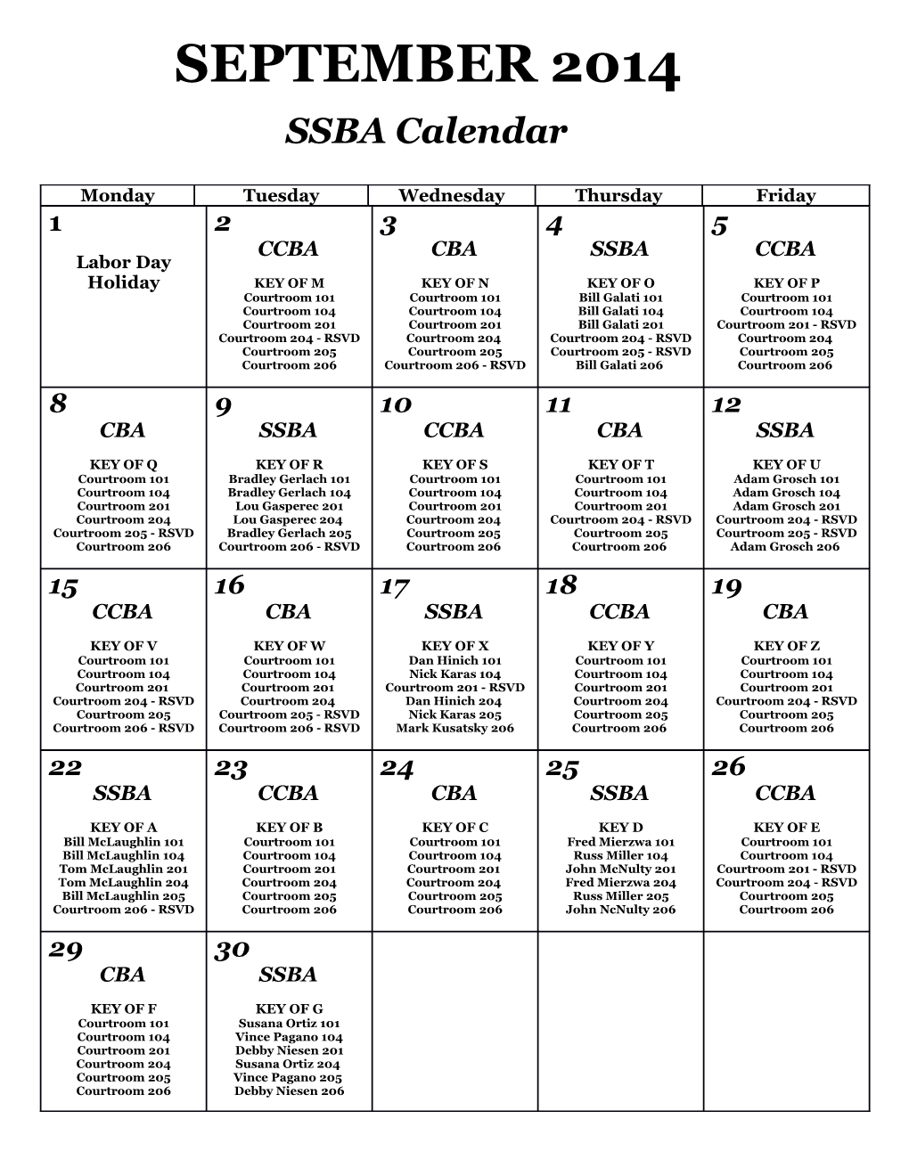 SSBA Calendar