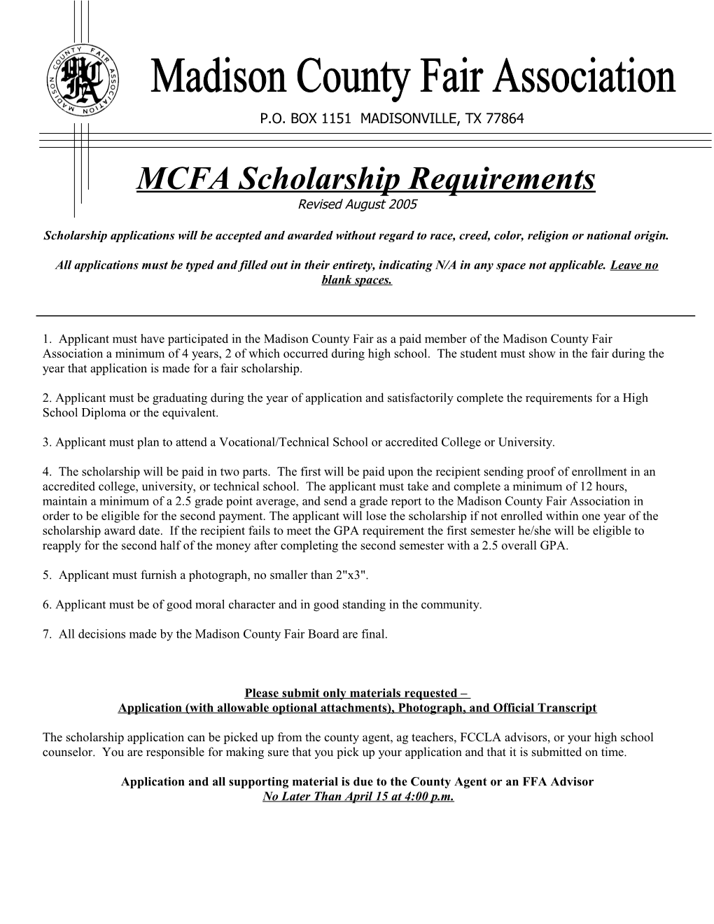 MCFA Scholarship Requirements