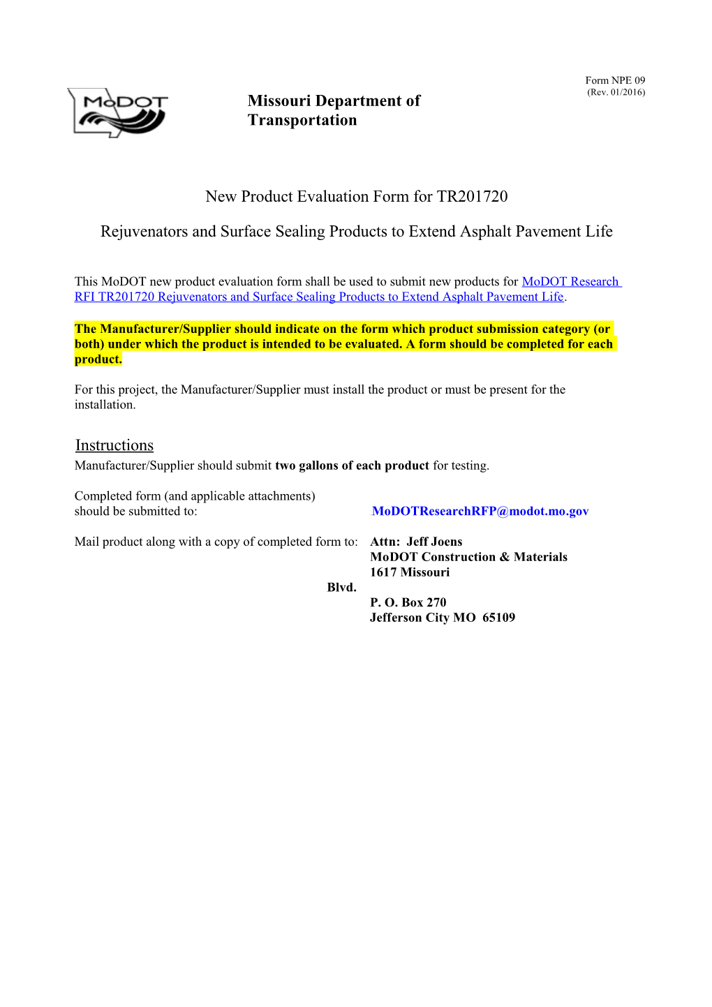 New Product Evaluation Form for TR201720