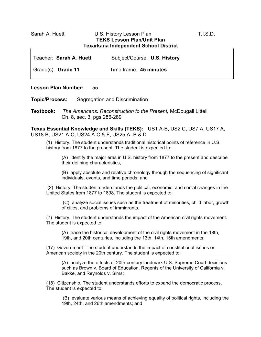 TEKS Lesson Plan/Unit Plan s11