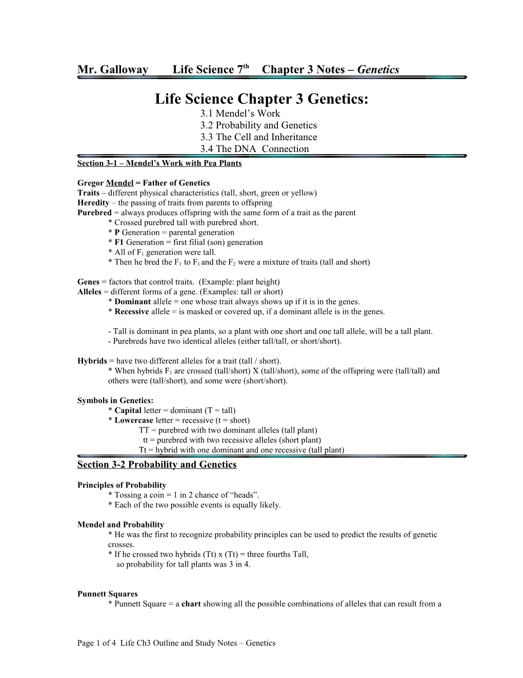 Mr. Galloway Life Science 7Thchapter 3 Notes Genetics