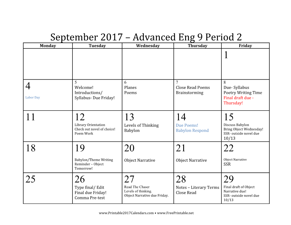 September 2017 Advanced Eng 9 Period 2